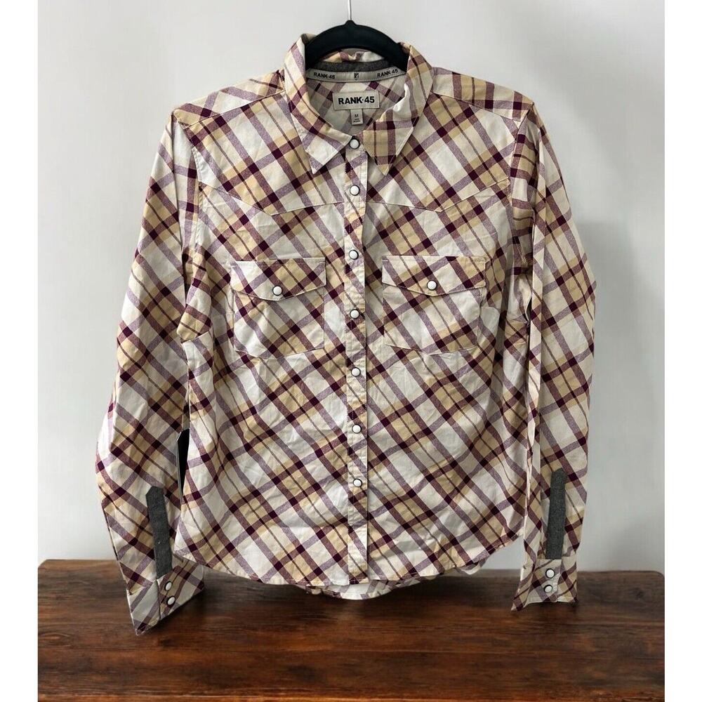 NWT‎ Rank 45 burgundy/tan Plaid Flannel snap Up Long Sleeve Shirt Size M Pockets